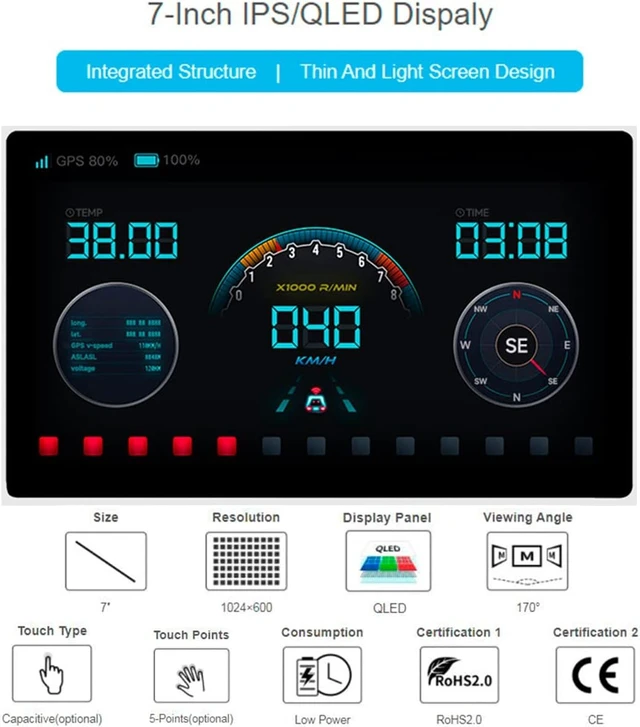 Alt view image 2 of 7 - waveshare 7inch QLED Touch Capacitive Display 1024x600 Pixel, Integrated Thin and Light LCD with Adapter Board, for Raspberry Pi/Jetson Nano/Windows/PC, Support Windows/Linux/Android