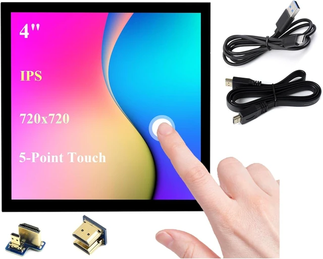 Main image of 4inch HDMI LCD Square Capacitive Touch Screen Compatible with Raspberry Pi 5/4B/3B+/3B/2B/Zero/Zero W//Zero 2W/Jetson Nano/Windows 11/10/8.1/8/7, 720x720 Resolution, IPS Display, USB-C Port