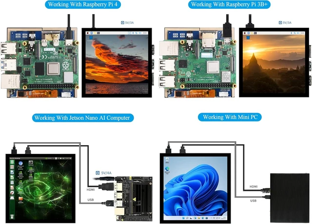 Alt view image 5 of 7 - 4inch HDMI LCD Square Capacitive Touch Screen Compatible with Raspberry Pi 5/4B/3B+/3B/2B/Zero/Zero W//Zero 2W/Jetson Nano/Windows 11/10/8.1/8/7, 720x720 Resolution, IPS Display, USB-C Port