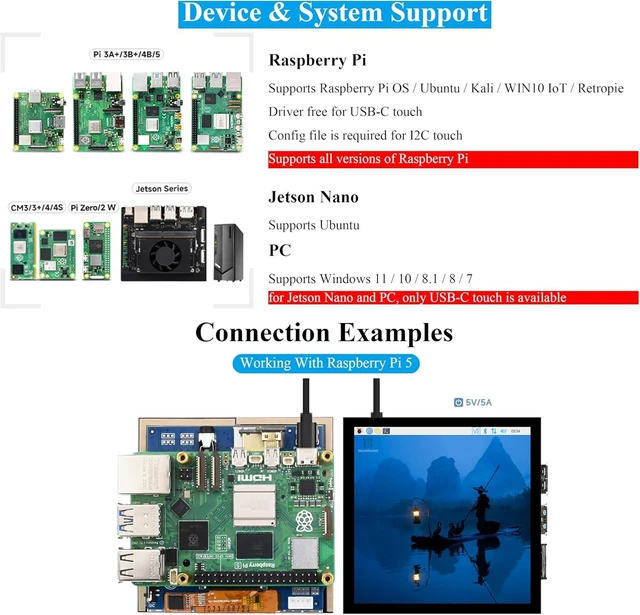 Alt view image 4 of 7 - 4inch HDMI LCD Square Capacitive Touch Screen Compatible with Raspberry Pi 5/4B/3B+/3B/2B/Zero/Zero W//Zero 2W/Jetson Nano/Windows 11/10/8.1/8/7, 720x720 Resolution, IPS Display, USB-C Port
