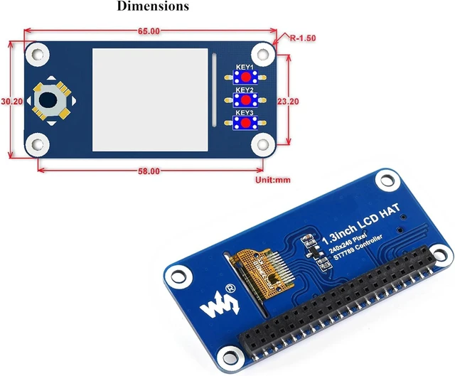 Alt view image 5 of 6 - 1.3inch IPS LCD Display HAT Compatible with Raspberry Pi 5/ 4B/3B+/3B//A+/Zero W/WH/Zero 2 W/Pico/Pico 2W, etc. 240 x 240 Pixels, SPI Interface, with Embedded Controller