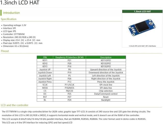 Alt view image 2 of 6 - 1.3inch IPS LCD Display HAT Compatible with Raspberry Pi 5/ 4B/3B+/3B//A+/Zero W/WH/Zero 2 W/Pico/Pico 2W, etc. 240 x 240 Pixels, SPI Interface, with Embedded Controller