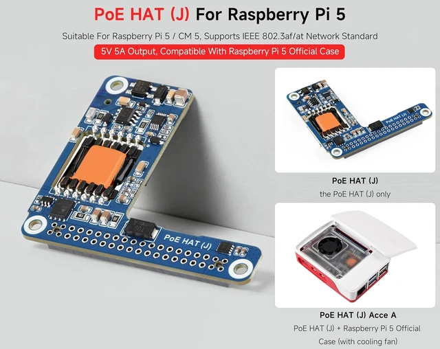 Alt view image 2 of 7 - 5V / 5A PoE HAT Power Over Ethernet HAT Compatible with Raspberry Pi 5 / Compute Module 5/Pi 5 Case, Isolated Switched-Mode Power Supply, Providing Both Network and Power Supply in One Ethernet Cable