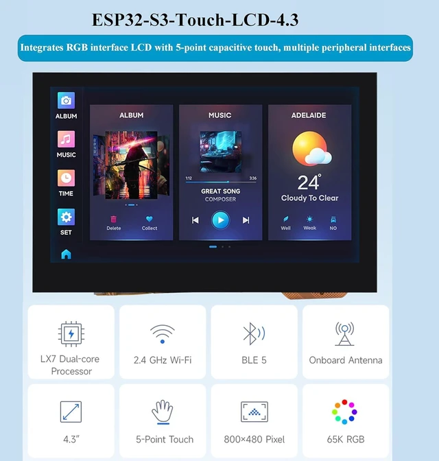 Alt view image 2 of 7 - ESP32-S3 4.3inch Touch Screen Development Board 5-Point Capacitive Display 800x480, 32-bit LX7 Dual-core Processor, Support 2.4GHz W i-Fi and BLE 5, Onboard CAN RS485 I2C Interface