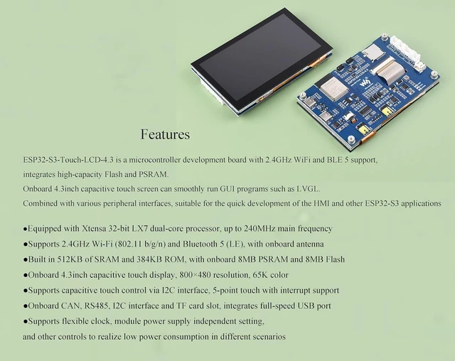 Alt view image 4 of 7 - ESP32-S3 4.3inch Touch Screen Development Board 5-Point Capacitive Display 800x480, 32-bit LX7 Dual-core Processor, Support 2.4GHz W i-Fi and BLE 5, Onboard CAN RS485 I2C Interface