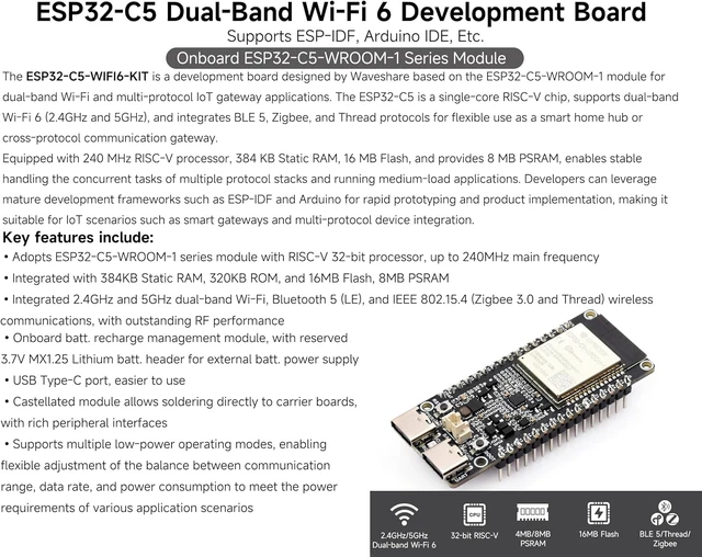 Alt view image 2 of 7 - ESP32-C5 5GHz/2.4GHz Dual-Band Wi-Fi 6 Dev Board, ESP32-C5-WROOM-1 Module
