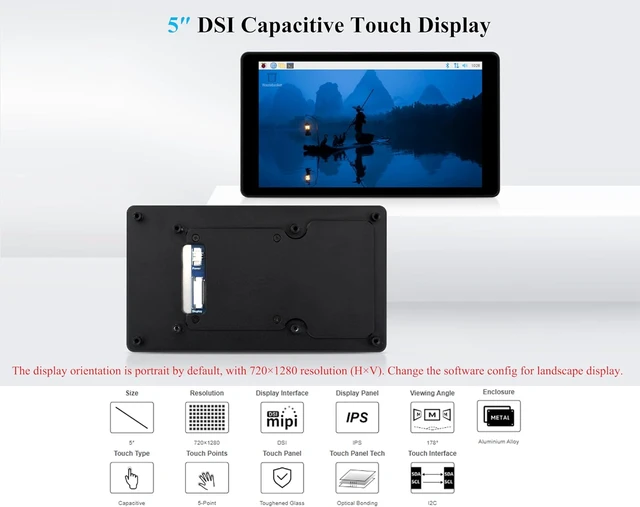 Alt view image 3 of 7 - 5inch DSI Capacitive Touch Screen Compatible with Raspberry Pi 5/4B/3B+/3A+/CM5/CM4 3+/ ESP32-P4, 720 x 1280, IPS Display, Optical Bonding Toughened Glass Panel, 5-Point Touch, Aluminum Alloy Case