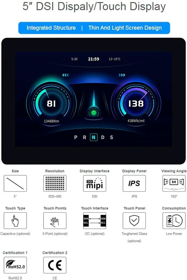 Alt view image 2 of 7 - waveshare 5inch Touch DSI Display 800 x 480, IPS Screen, 5-Point Capacitive Touch LCD,Compatible with Raspberry Pi 4B/3B+/3A+/3B/2B/B+/A+, Compute Module3/3+/Compute Module 4