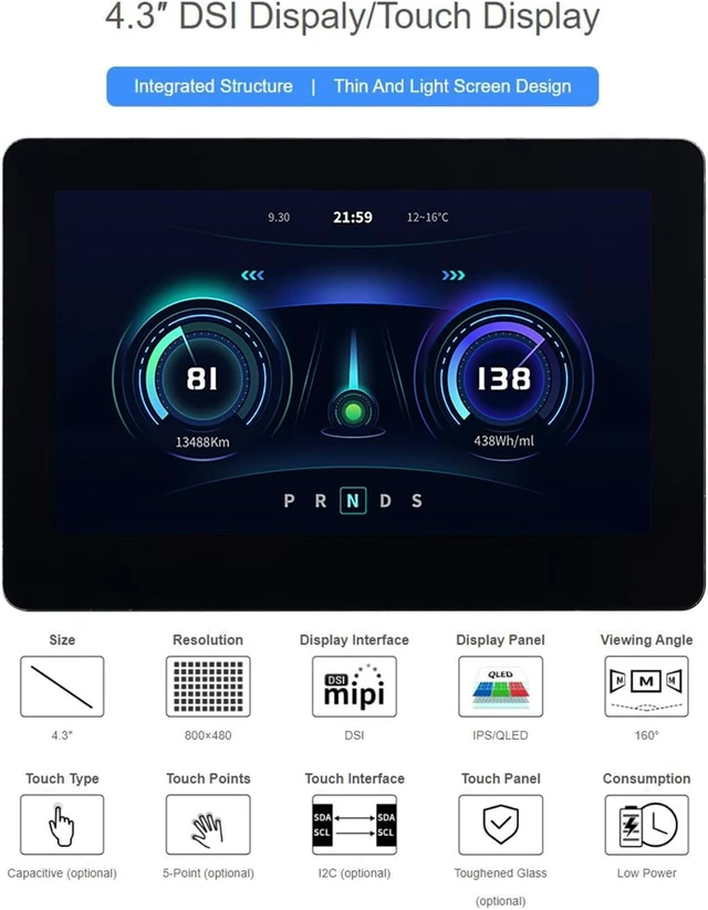 Alt view image 2 of 7 - waveshare 4.3inch DSI Touch Display IPS Wide-Bezel Panel, 800 × 480 Resolution, Thin and Light Design, for Raspberry Pi 4B/3B+/3A+/3B/2B/B+/A+/ CM3/3+/4