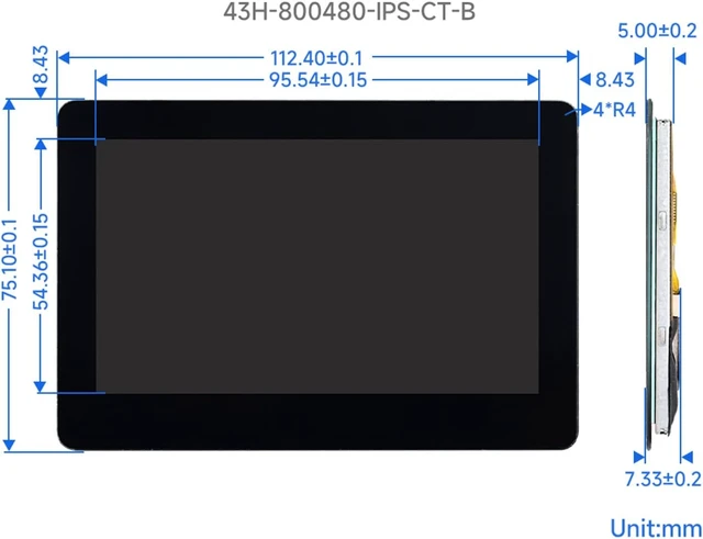 Alt view image 7 of 7 - waveshare 4.3inch DSI Touch Display IPS Wide-Bezel Panel, 800 × 480 Resolution, Thin and Light Design, for Raspberry Pi 4B/3B+/3A+/3B/2B/B+/A+/ CM3/3+/4
