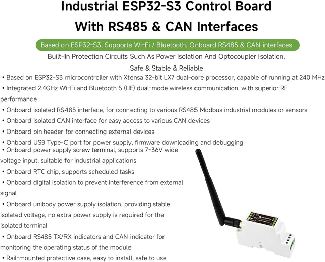 Alt view image 2 of 7 - ESP32-S3 Control Board with RS485 and CAN Communication, External Antenna
