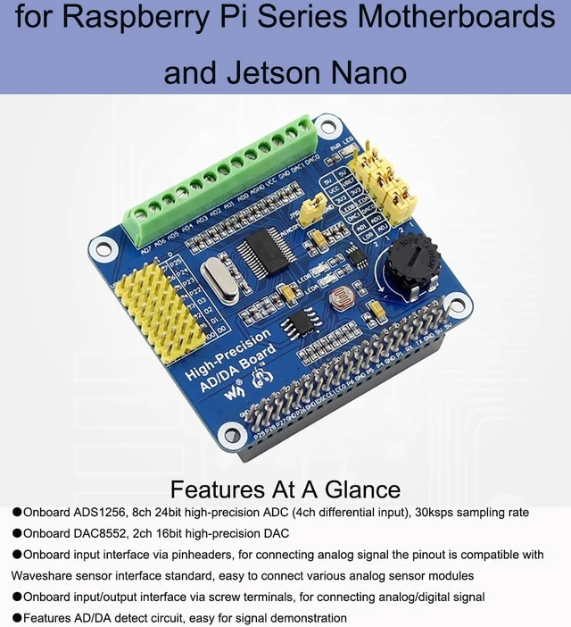 Alt view image 2 of 7 - High-Precision AD/DA Expansion Board for Raspberry Pi 4B/3B+/3B/2B/Zero/W/Zero WH and Jetson Nano,Add High-Precision AD/DA Functions to Pi. Onboard ADS1256 8-CH 24bit ADC and DAC8532 2-CH 16bit DAC