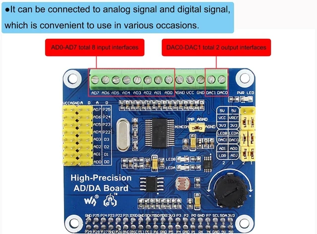 Alt view image 3 of 7 - High-Precision AD/DA Expansion Board for Raspberry Pi 4B/3B+/3B/2B/Zero/W/Zero WH and Jetson Nano,Add High-Precision AD/DA Functions to Pi. Onboard ADS1256 8-CH 24bit ADC and DAC8532 2-CH 16bit DAC