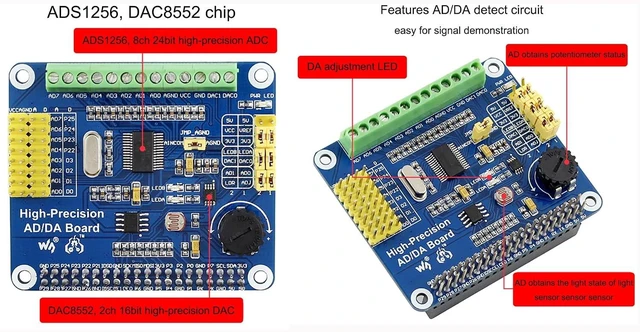 Alt view image 4 of 7 - High-Precision AD/DA Expansion Board for Raspberry Pi 4B/3B+/3B/2B/Zero/W/Zero WH and Jetson Nano,Add High-Precision AD/DA Functions to Pi. Onboard ADS1256 8-CH 24bit ADC and DAC8532 2-CH 16bit DAC