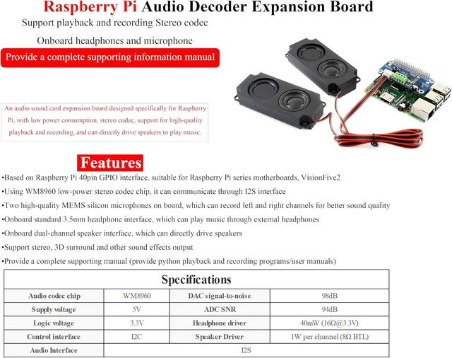 Alt view image 3 of 7 - WM8960 Audio HAT Compatible with Raspberry Pi 5/4B/3B+/3B/Pi Zero/Zero W/Pi Zero 2W/Zero 2WH/Pico W/Pico 2W, WM8960 Hi-Fi Sound Card HAT, Stereo CODEC, Hi-Fi Play/Record, Come with 8 5W Speaker
