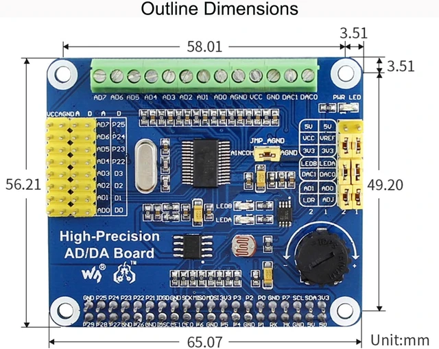 Alt view image 7 of 7 - High-Precision AD/DA Expansion Board for Raspberry Pi 4B/3B+/3B/2B/Zero/W/Zero WH and Jetson Nano,Add High-Precision AD/DA Functions to Pi. Onboard ADS1256 8-CH 24bit ADC and DAC8532 2-CH 16bit DAC