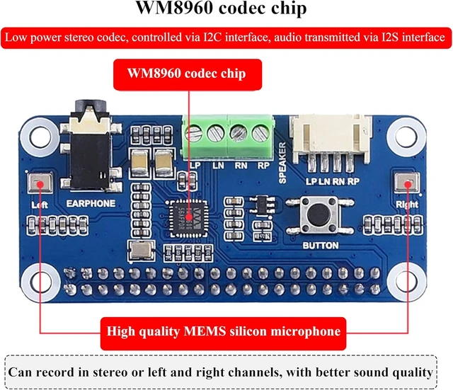 Alt view image 5 of 7 - WM8960 Audio HAT Compatible with Raspberry Pi 5/4B/3B+/3B/Pi Zero/Zero W/Pi Zero 2W/Zero 2WH/Pico W/Pico 2W, WM8960 Hi-Fi Sound Card HAT, Stereo CODEC, Hi-Fi Play/Record, Come with 8 5W Speaker