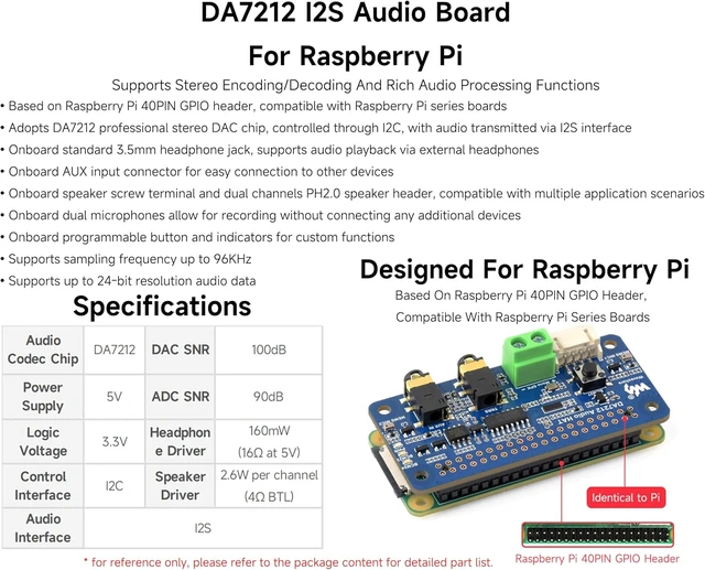Alt view image 2 of 6 - DA7212 I2S Audio Board Compatible with Raspberry Pi 5/4/3B+/Zero 2W/Zero W, Onboard Dual Microphones, 3.5mm Headphone Jack, AUX, Speaker Header, Support Stereo Encoding/Decoding