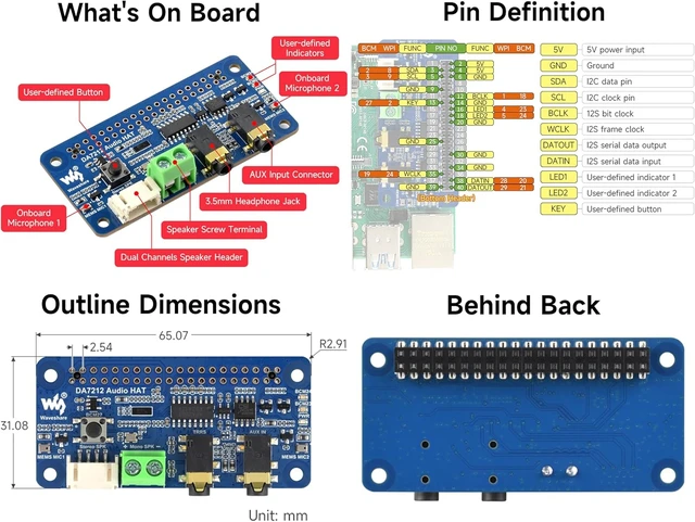 Alt view image 4 of 6 - DA7212 I2S Audio Board Compatible with Raspberry Pi 5/4/3B+/Zero 2W/Zero W, Onboard Dual Microphones, 3.5mm Headphone Jack, AUX, Speaker Header, Support Stereo Encoding/Decoding