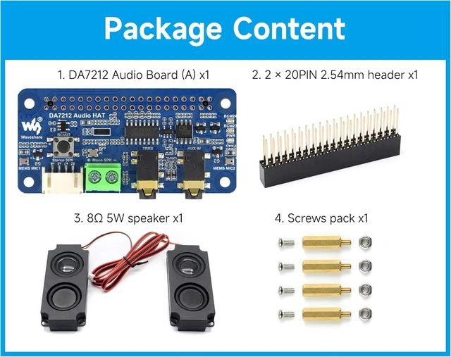 Alt view image 5 of 6 - DA7212 I2S Audio Board Compatible with Raspberry Pi 5/4/3B+/Zero 2W/Zero W, Onboard Dual Microphones, 3.5mm Headphone Jack, AUX, Speaker Header, Support Stereo Encoding/Decoding