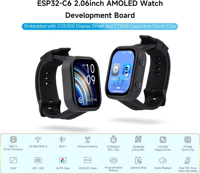 Alt view image 2 of 7 - ESP32-C6 2.06inch AMOLED Touch Watch Development Board, 410×502 Pixels, RISC-V 32-bit Processor, Supports WiFi 6 / Bluetooth 5 / Zigbee, ESP32 with Display, Supports AI Speech Interaction