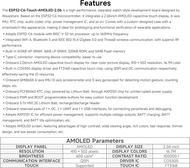Alt view image 5 of 7 - ESP32-C6 2.06inch AMOLED Touch Watch Development Board, 410×502 Pixels, RISC-V 32-bit Processor, Supports WiFi 6 / Bluetooth 5 / Zigbee, ESP32 with Display, Supports AI Speech Interaction