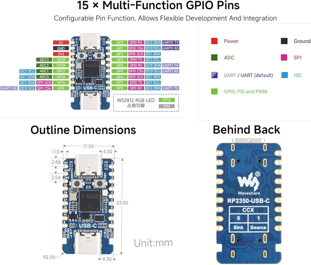 Alt view image 4 of 6 - RP2350 USB-C Microcontroller Development Board Based On RP2350A