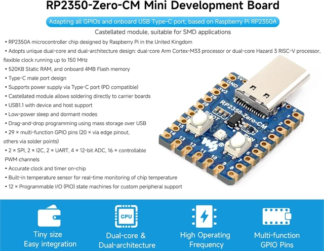 Alt view image 2 of 6 - RP2350 Zero Board Type-C Male Port, Adapting 29 GPIO Pins