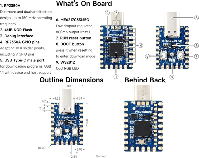 Alt view image 4 of 6 - RP2350 Zero Board Type-C Male Port, Adapting 29 GPIO Pins