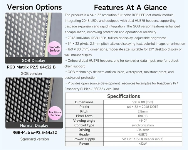 Alt view image 3 of 7 - 2048 RGB Full-Color LED Matrix Panel, 2.5mm Pitch, 64 × 32 Pixels, Compatible with Raspberry Pi/Pico 2W / ESP32, Support Adjustable Brightness, Chainable, Displaying Text, Animation, GOB Waterproof