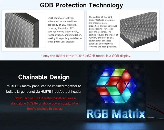 Alt view image 4 of 7 - 2048 RGB Full-Color LED Matrix Panel, 2.5mm Pitch, 64 × 32 Pixels, Compatible with Raspberry Pi/Pico 2W / ESP32, Support Adjustable Brightness, Chainable, Displaying Text, Animation, GOB Waterproof