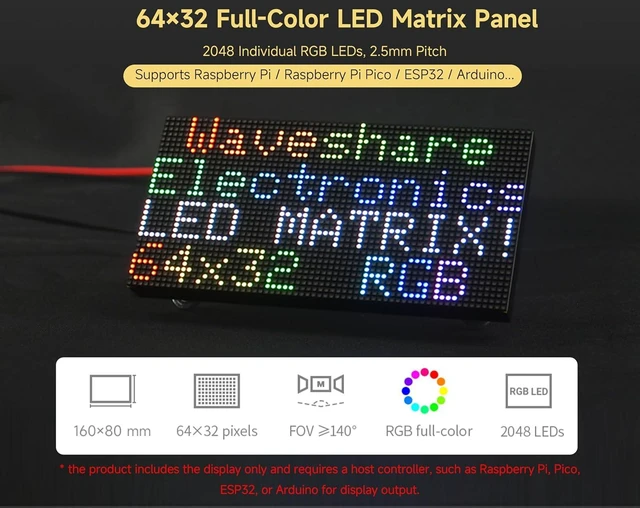 Alt view image 2 of 7 - 2048 RGB Full-Color LED Matrix Panel, 2.5mm Pitch, 64 × 32 Pixels, Compatible with Raspberry Pi/Pico 2W / ESP32, Support Adjustable Brightness, Chainable, Displaying Text, Animation, GOB Waterproof