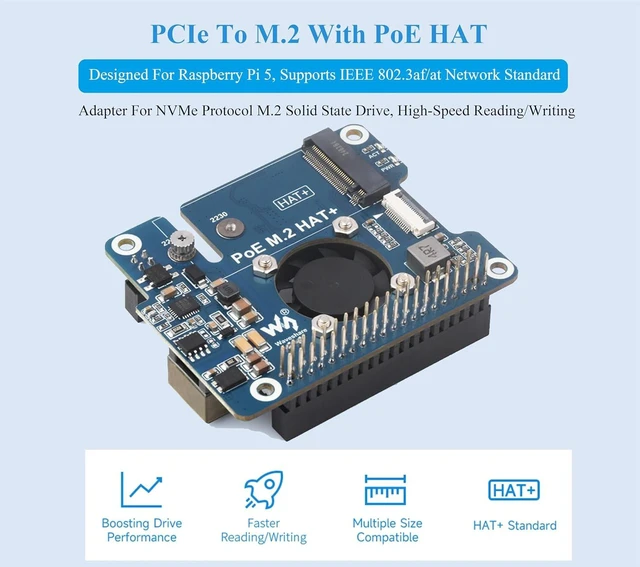 Alt view image 2 of 7 - PCIe to M.2 Adapter with PoE Function Compatible with Raspberry Pi 5, Pi 5 POE HAT M.2-M-Key HAT+ Supports NVMe Protocol M.2 SSD 2230/2242, IEEE 802.3af/at Network Standard with Metal Heatsink