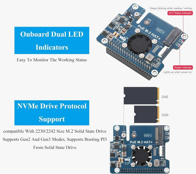 Alt view image 6 of 7 - PCIe to M.2 Adapter with PoE Function Compatible with Raspberry Pi 5, Pi 5 POE HAT M.2-M-Key HAT+ Supports NVMe Protocol M.2 SSD 2230/2242, IEEE 802.3af/at Network Standard with Metal Heatsink