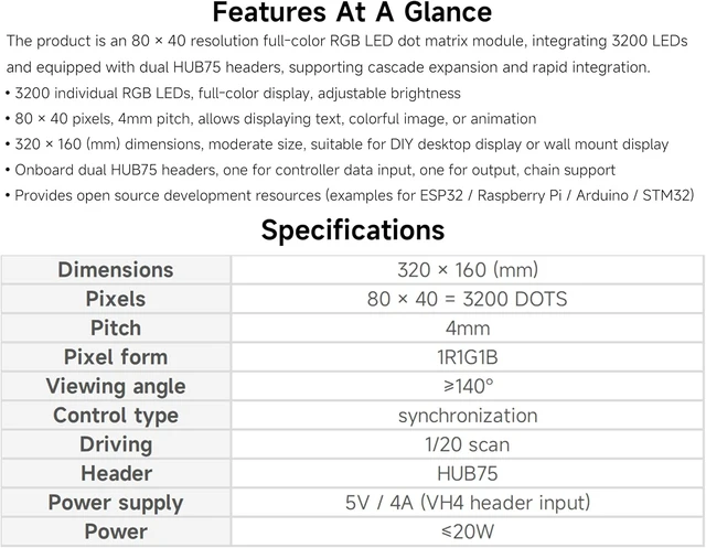 Alt view image 3 of 7 - 3200 RGB Full-Color LED Matrix Panel, 4mm Pitch, 80×40 Pixels, Compatible with Raspberry Pi 5/4B/Zero 2W/Zero/Pico 2W /Pico/STM32/ESP32, Support Adjustable Brightness, Chainable, Animation