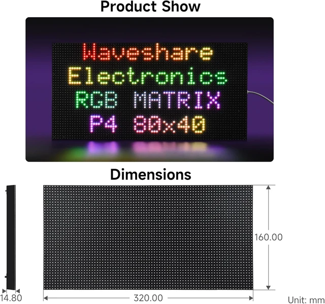 Alt view image 6 of 7 - 3200 RGB Full-Color LED Matrix Panel, 4mm Pitch, 80×40 Pixels, Compatible with Raspberry Pi 5/4B/Zero 2W/Zero/Pico 2W /Pico/STM32/ESP32, Support Adjustable Brightness, Chainable, Animation