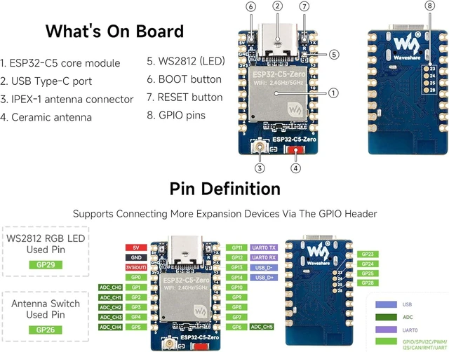 Alt view image 4 of 6 - ESP32-C5 Mini Development Board with Header, 32-bit RISC-V Processor 240MHz, Integrate Dual-Band Wi-Fi 6 / BLE 5 / Thread/Zigbee, USB Port, Onboard Antenna, for Embedded and IoT Applications