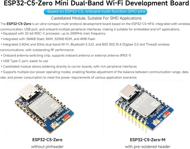 Alt view image 2 of 6 - ESP32-C5 Mini Development Board with Header, 32-bit RISC-V Processor 240MHz, Integrate Dual-Band Wi-Fi 6 / BLE 5 / Thread/Zigbee, USB Port, Onboard Antenna, for Embedded and IoT Applications