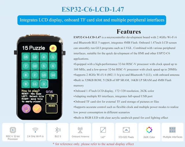 Alt view image 3 of 7 - ESP32-C6 1.47inch Display Development Board,172×320, 262K RGB Color, 262K Color, 160MHz Running Frequency Single-core Processor, Support W-iF-i & BLE, with Colorful RGB LED, ESP32 with Display