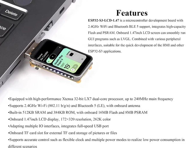 Alt view image 4 of 7 - ESP32-S3 1.47inch Display Development Board, 172×320, 262K RGB Color, Dual-core Processor Up to 240MHz, Support WiFi & BLE, with Colorful RGB LED, ESP32 with Display