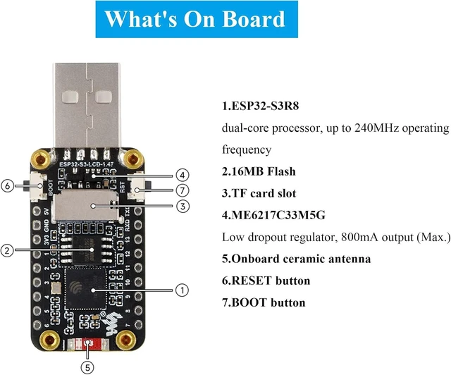 Alt view image 6 of 7 - ESP32-S3 1.47inch Display Development Board, 172×320, 262K RGB Color, Dual-core Processor Up to 240MHz, Support WiFi & BLE, with Colorful RGB LED, ESP32 with Display