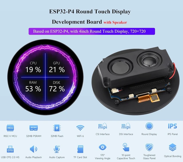 Alt view image 2 of 7 - ESP32-P4 with 4 inch Round Touch Display Development Board, IPS LCD, 720 x 720 Pixels, Onboard Dual Microphones, Support WFi 6 / BLE 5, Audio Input/Output, Supports AI Voice Interaction