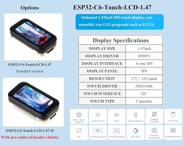 Alt view image 2 of 7 - ESP32-C6 1.47inch Touch Display Development Board, 172x320 Resolution IPS LCD, 262K Display Color, Supports W-F-i 6 / BLE 5, 160MHz RISC-V Processor, Type-C, with Pre-Soldered Header