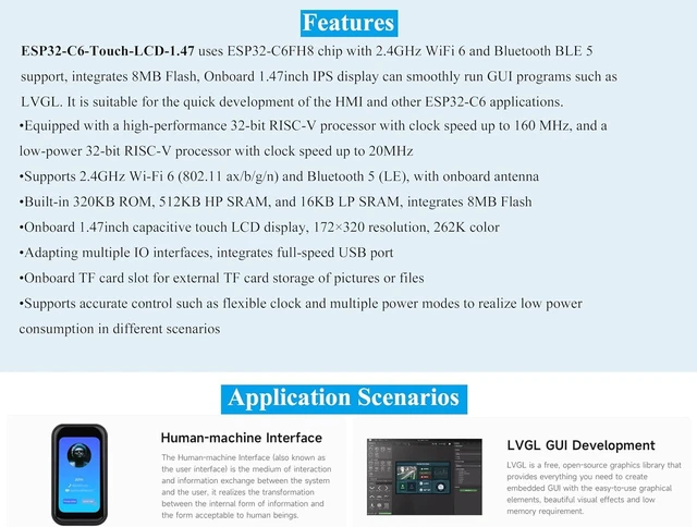 Alt view image 3 of 7 - ESP32-C6 1.47inch Touch Display Development Board, 172x320 Resolution IPS LCD, 262K Display Color, Supports W-F-i 6 / BLE 5, 160MHz RISC-V Processor, Type-C, with Pre-Soldered Header