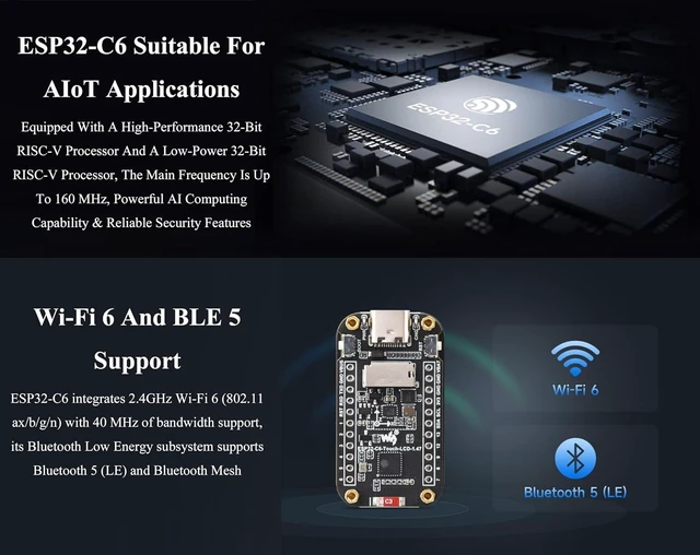 Alt view image 4 of 7 - ESP32-C6 1.47inch Touch Display Development Board, 172x320 Resolution IPS LCD, 262K Display Color, Supports W-F-i 6 / BLE 5, 160MHz RISC-V Processor, Type-C, with Pre-Soldered Header