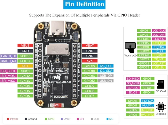 Alt view image 5 of 7 - ESP32-C6 1.47inch Touch Display Development Board, 172x320 Resolution IPS LCD, 262K Display Color, Supports W-F-i 6 / BLE 5, 160MHz RISC-V Processor, Type-C, with Pre-Soldered Header