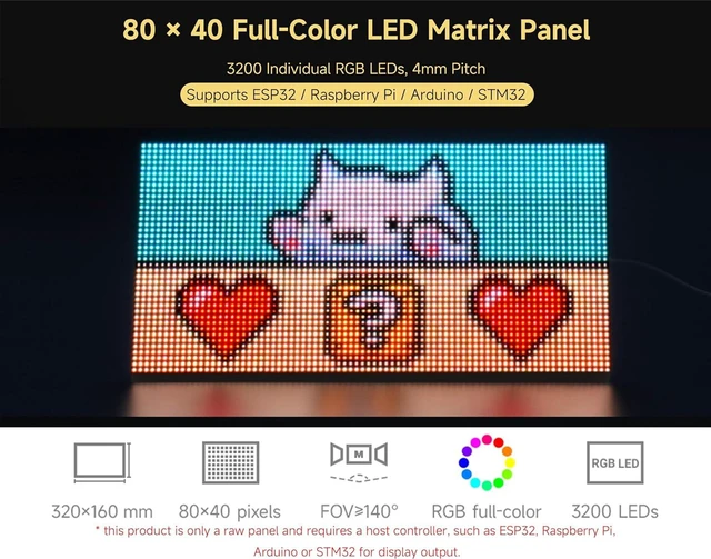 Alt view image 2 of 7 - 3200 RGB Full-Color LED Matrix Panel, 4mm Pitch, 80×40 Pixels, Compatible with Raspberry Pi 5/4B/Zero 2W/Zero/Pico 2W /Pico/STM32/ESP32, Support Adjustable Brightness, Chainable, Animation
