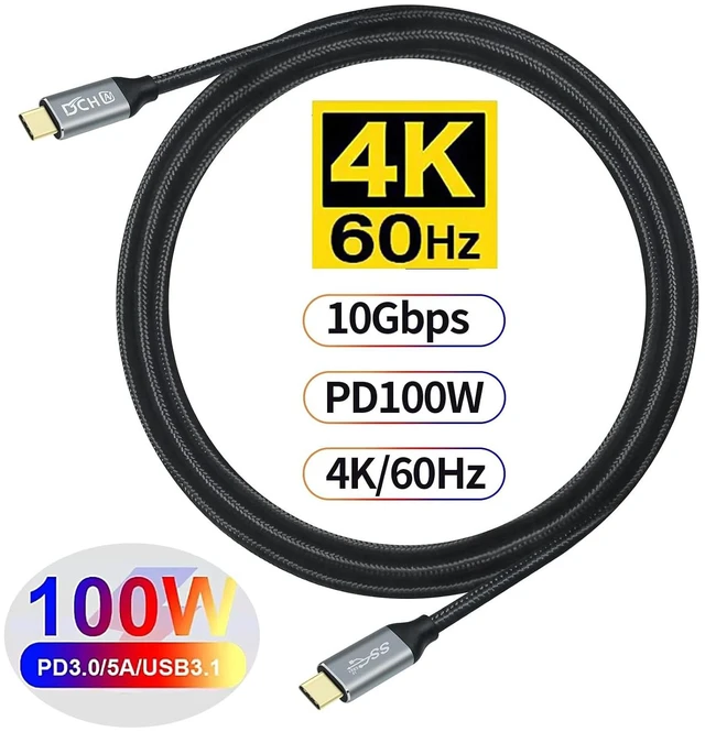Alt view image 2 of 6 - DCHAV 6ft 100W USB C to USB C Cable 4K Video Output 10Gbps Data Transfer Type C to Type C Monitor Cord 3.1 Gen 2 PD 20V 5A Fast Charging Nylon Braided Charge Phone Tablet Laptop Computer