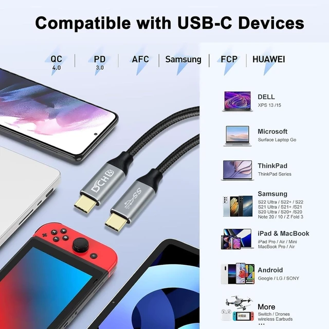 Alt view image 3 of 6 - DCHAV 6ft 100W USB C to USB C Cable 4K Video Output 10Gbps Data Transfer Type C to Type C Monitor Cord 3.1 Gen 2 PD 20V 5A Fast Charging Nylon Braided Charge Phone Tablet Laptop Computer