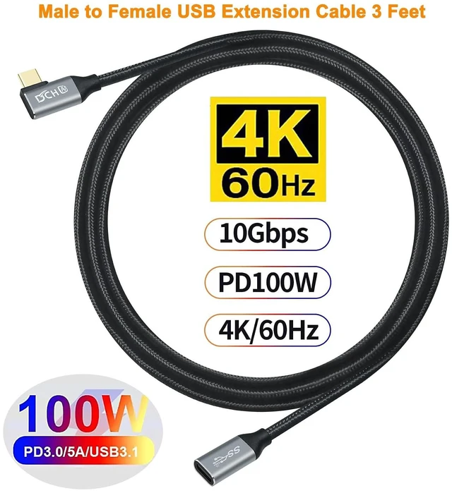 Alt view image 2 of 7 - DCHAV 3ft 100W USB C to USB C Cable Male to Female 4K Video Output 10Gbps Data Transfer 3.1 Gen 2 PD 20V 5A Fast Charging Nylon Braided 90 Degree Type C Monitor Cord for Laptop Phone Tablet